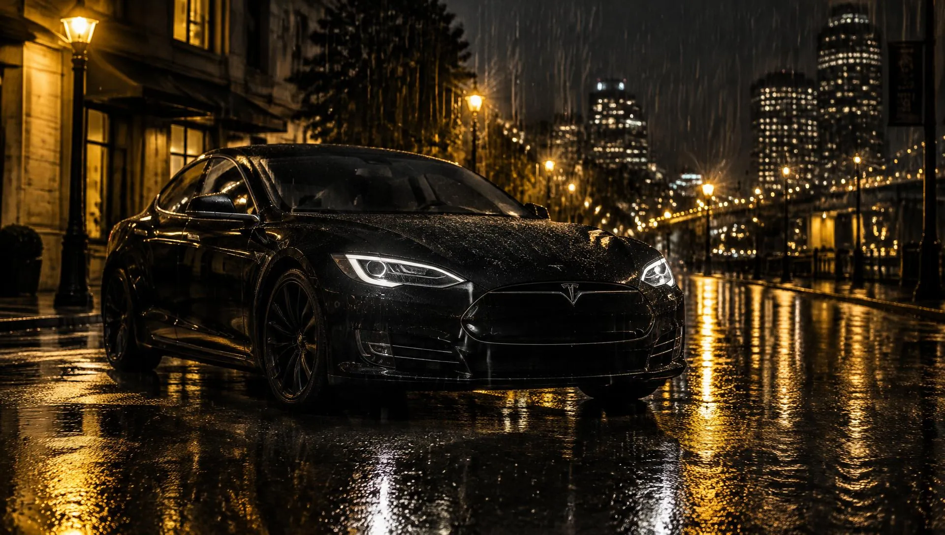 Tesla Model S in the rain at night